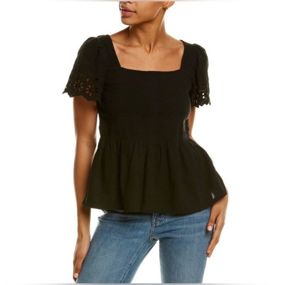 Madewell Eyelet-sleeve Kate Smocked Top / Size XS / Black